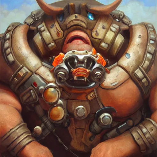 Image similar to detailed portrait of roadhog from overwatch, intricate, hyper detailed, realistic, oil painting, by julie bell, frank frazetta, cinematic lighting