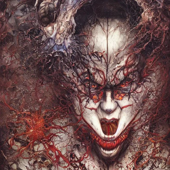 Prompt: realistic detailed image of a giant Clown Monster by Ayami Kojima, Amano, Karol Bak, Greg Hildebrandt, and Mark Brooks, Neo-Gothic, gothic, rich deep colors. Beksinski painting, part by Adrian Ghenie and Gerhard Richter. art by Takato Yamamoto. masterpiece, stunning, artstation