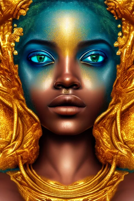 Image similar to hyperrealistic neo - symbolist cinematic very beautiful! oshun goddess with gold eyes, yoruba paint, droplet armor, water lips, gold flowers, highly detailed digital art masterpiece, smooth etienne sandorfi eric zener dramatic pearlescent soft teal light, ground angle uhd 8 k, sharp focus