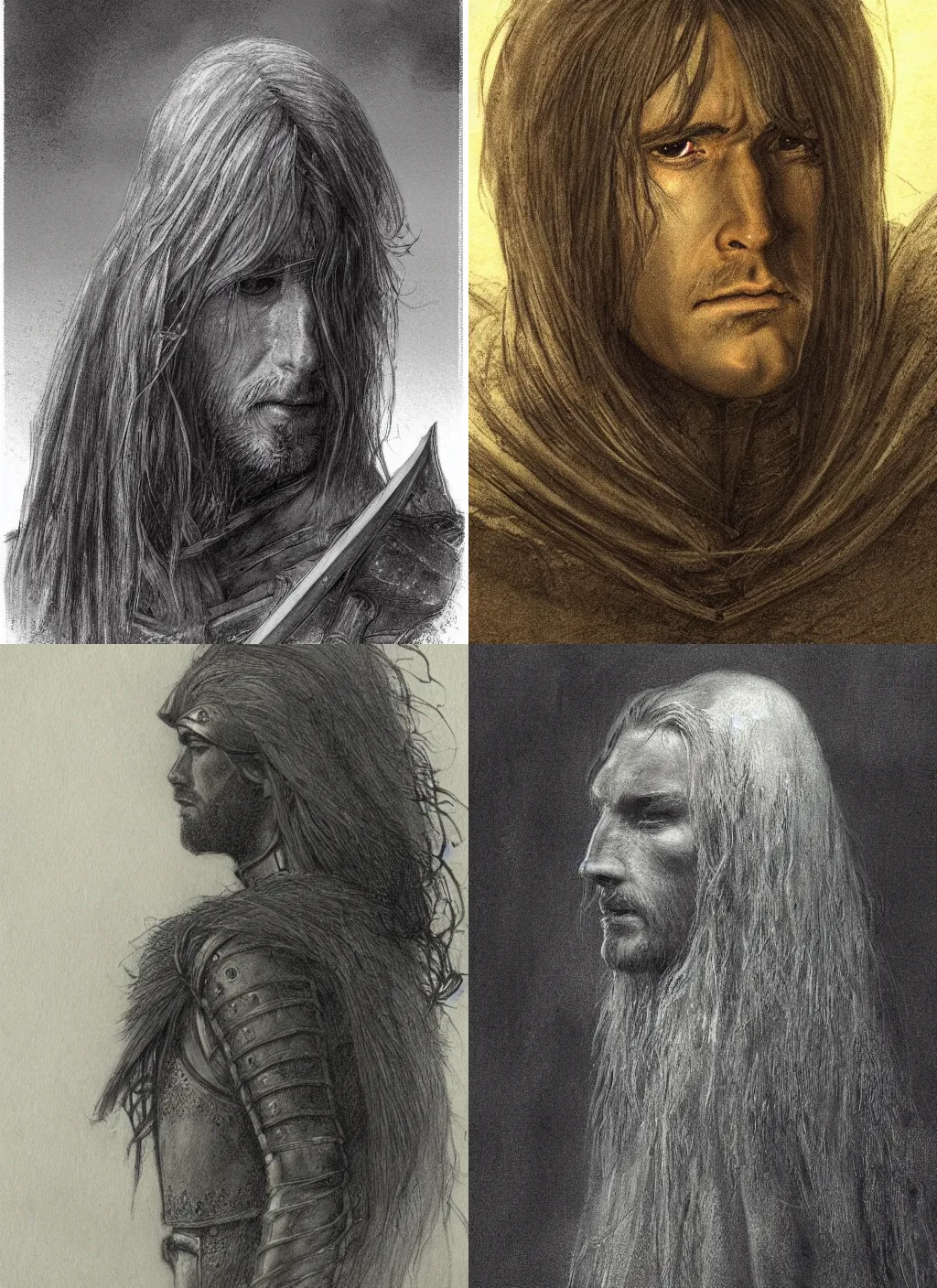 Prompt: portrait of a very sad knight with long hairs in alan lee style , cinematic lighting