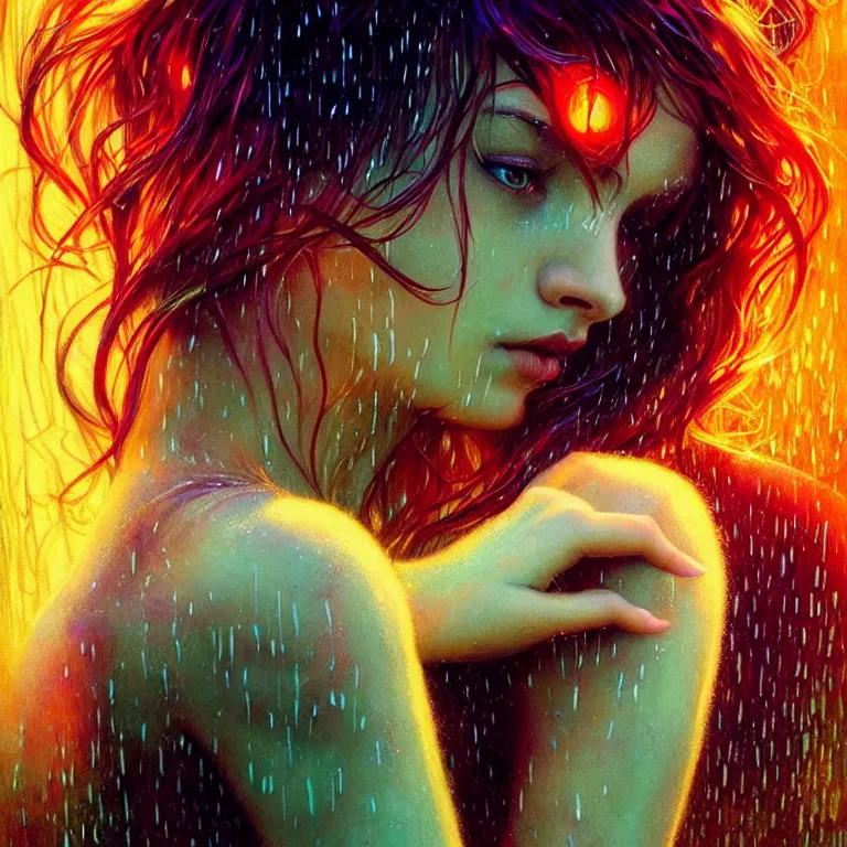 Prompt: bright asthetic portrait LSD glowing backlit rain on face and wet hair, fantasy, intricate, elegant, dramatic lighting, highly detailed, lifelike, photorealistic, digital painting, artstation, illustration, concept art, smooth, sharp focus, art by John Collier and Albert Aublet and Krenz Cushart and Artem Demura and Alphonse Mucha