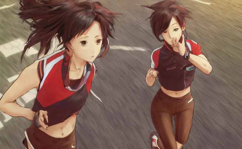 Image similar to anime style, a girl is running, red sport clothing, marathon, brown short hair, hair down, symmetrical facial features, from arknights, hyper realistic, rule of thirds, extreme detail, detailed 4 k drawing, safebooru, realistic lighting, by alphonse mucha, greg rutkowski, sharp focus, backlit