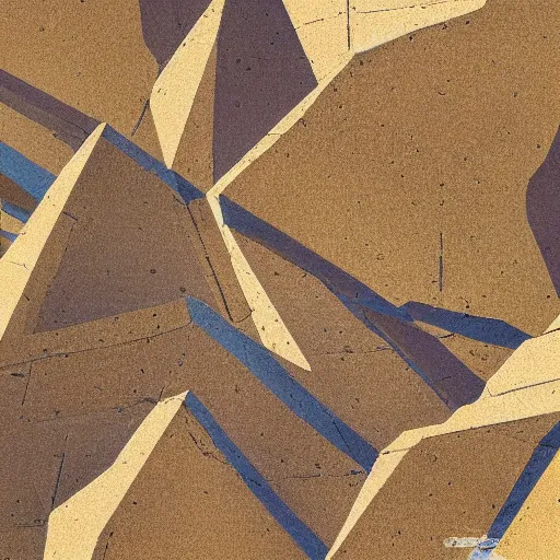 Prompt: masterpiece abstract intricate painting of detailed multiple layers of rocky material. highly geometric slanting down. isometric angles. beautiful use of light and shadow to create a sense of depth. using architectural brushwork and a limited earthy color palette, providing a mathematical sketchy look.