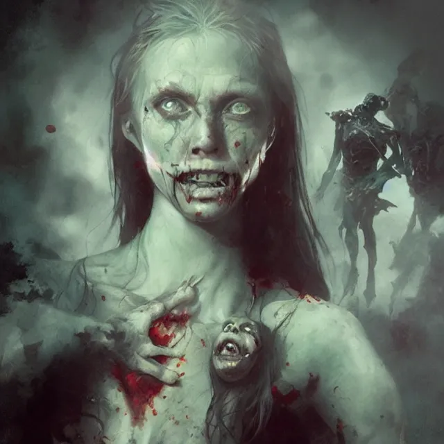 Image similar to hyper realistic photo portrait zombie woman cinematic, greg rutkowski, james gurney, mignola, craig mullins, brom