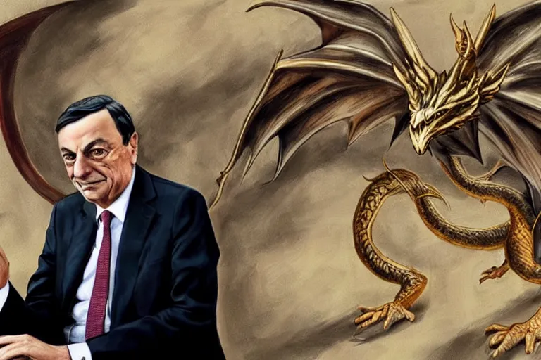 Prompt: Mario Draghi on a dragon fantasy art realistic incredible