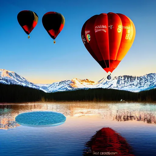 Image similar to photo of two black swans touching heads in a beautiful reflective mountain lake, a colorful hot air balloon is flying above the swans, hot air balloon, intricate, 8k highly professionally detailed, HDR, CGsociety