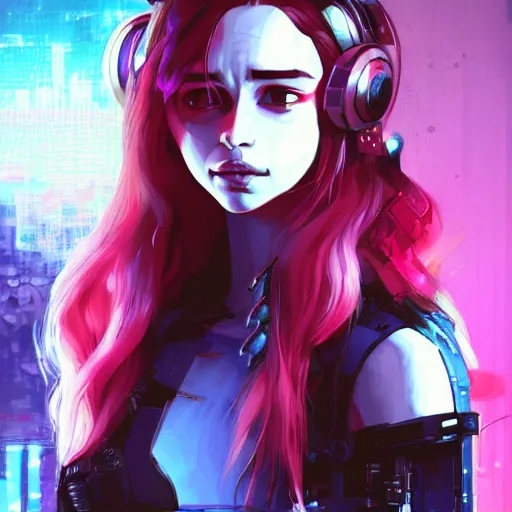 Prompt: highly detailed portrait of a young cyberpunk emilia clarke with a wavy vibrant red hair, blue eyes, cybernetic implants, neon, by Dustin Nguyen, Akihiko Yoshida, Greg Tocchini, Greg Rutkowski, Cliff Chiang, 4k resolution, nier:automata inspired, bravely default inspired, cyberpunk background