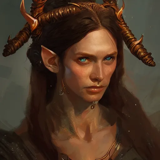 Prompt: portrait of an elven woman with small copper devil horns and copper scales covering her arm and neck, by greg rutkowski, trending on artstation, dungeon and dragons art