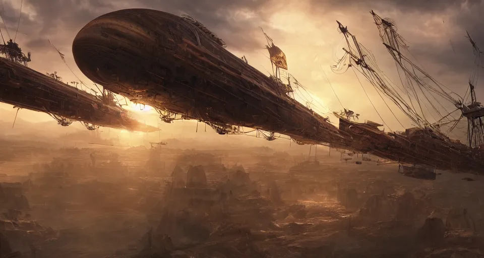 Prompt: Steampunk epic battle Airships, hyperdetailed, artstation, cgsociety, golden hour 8k