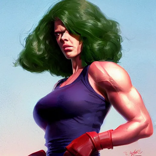 Prompt: she hulk, played by scarlett johannson, beautiful, cinematic, head and shoulders, striking pose, by greg rutkowski