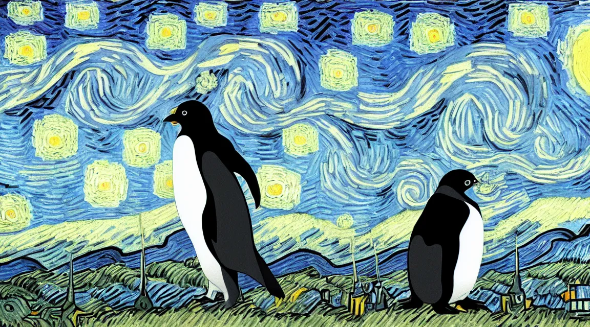 Image similar to linux tux penguin wallpaper painted by vincent van gogh