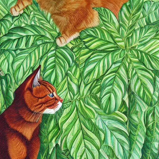 Image similar to a reneissance painting of a red maincoon cat among big green leaves, very detailed, in the style of mantegna