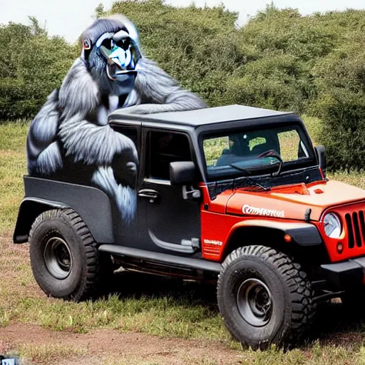 Image similar to gorilla driving a jeep made by banksy