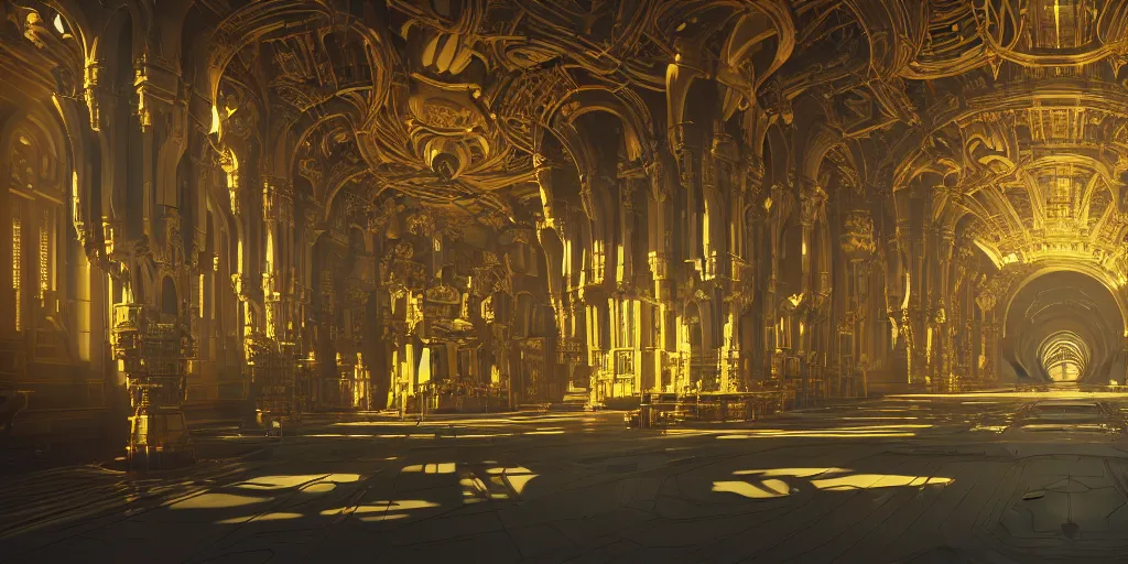 Image similar to cel shaded cinematic shot of the interior of a sci-fi space station with ornate architecture with a giant golden statue in the middle, bustling with people and flying cars, epic castle, gothic architecture, emerald, crystalline, detailed illustration, sharp focus, concept art, unreal engine, octane render, god rays