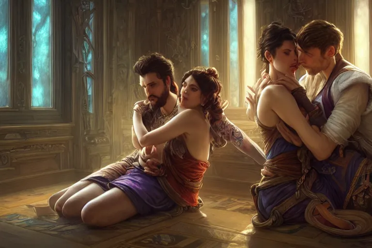 Prompt: close up of man and woman sitting on the floor while hugging each other in the living room, deep focus, d & d, fantasy, intricate, elegant, highly detailed, digital painting, artstation, concept art, matte, sharp focus, illustration, hearthstone, art by artgerm and greg rutkowski and alphonse mucha