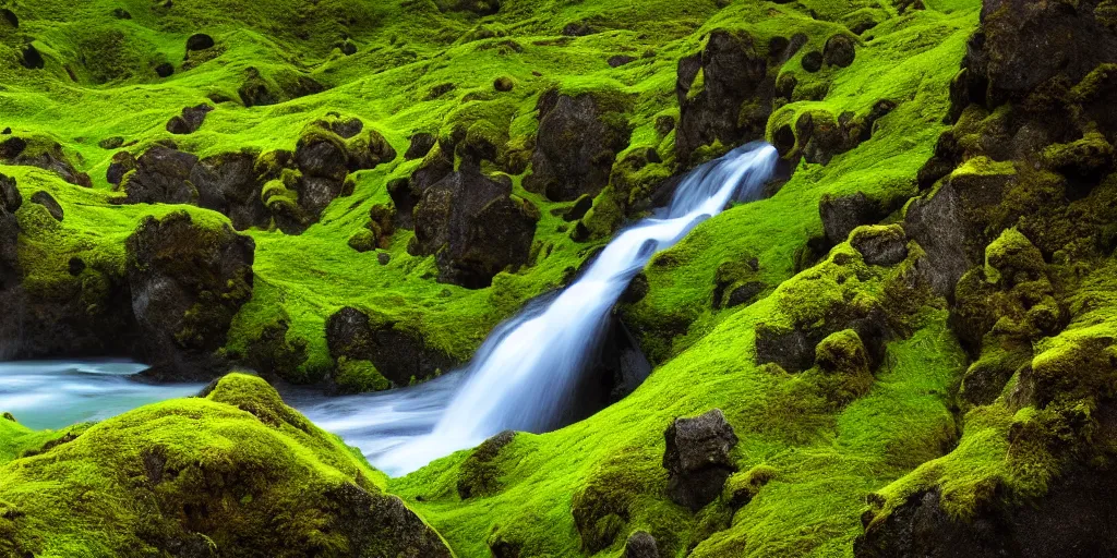 Prompt: photo of a landscape with lush forest, wallpaper, very very wide shot, iceland, new zeeland, green flush moss, national geographic, award landscape photography, professional landscape photography, waterfall, stream of water, big sharp rock, ancient forest, primordial, sunny, day time, beautiful