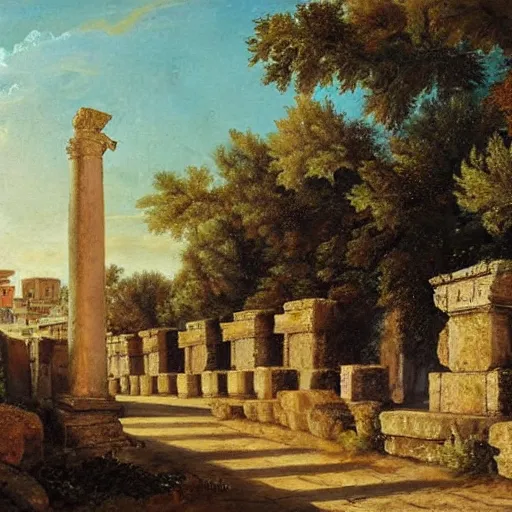 Prompt: a ancient roman city street with a roman temple, high detail oil painting landscape