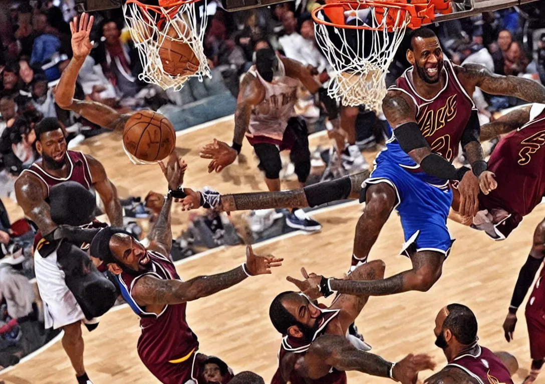 Prompt: a panoramic shot of adam sandler dunking on lebron james in the nba, highly detailed photo, zoomed out, adam sandler in focus