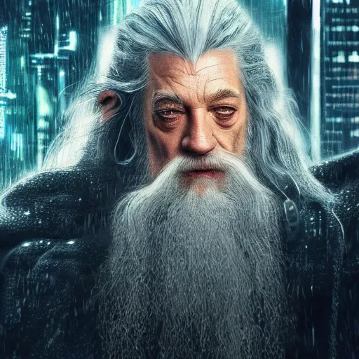 Image similar to cyberpunk gandalf, lord of the rings, photorealistic, 4 k, rain, blade runner, ultra realistic. isometric