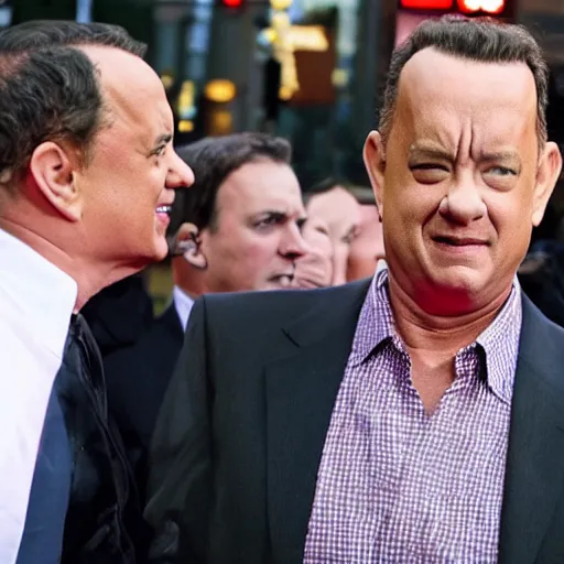 Prompt: a man shouting at tom hanks