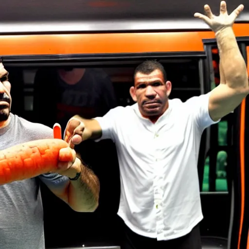 Image similar to antonio rodrigo nogueira holds a single carrot, and antonio rogerio nogueira has his hand on the bus behind them ; photo