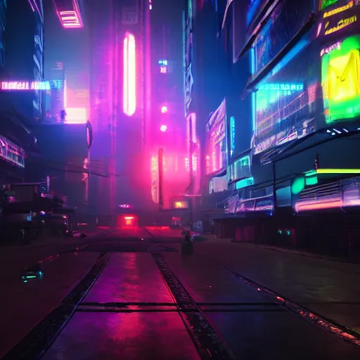 Image similar to « glowing neon lights, sunrise, cyberpunk, alita battle angel, blade runner, rainy, cold, clouds, far view, photorealistic, unreal engine 5, sharp focus »