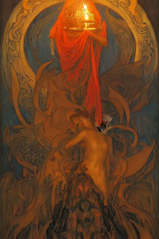 Prompt: queen of the underworld with her lantern, by Annie Swynnerton and Nicholas Roerich and jean delville, dramatic cinematic lighting , ornate headdress , flowing robes, sacred artifacts, lost civilizations, smooth, sharp focus, extremely detailed