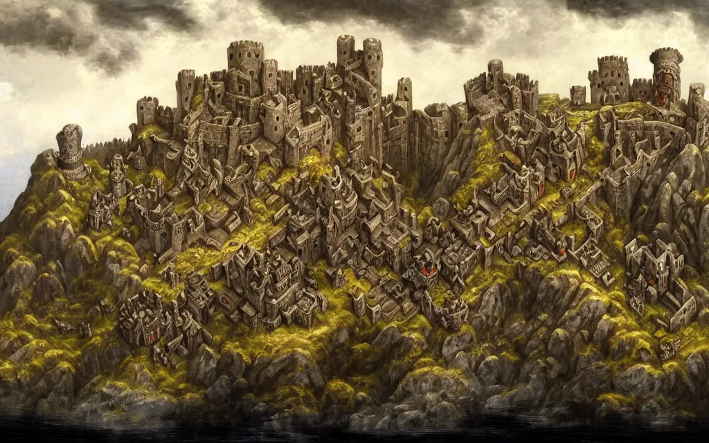 Image similar to aerial view of a dwarven fortress chiseled into the side of a mountain, a baroque oil painting, ominous, epic, medieval fantasy landscape, deep halls, runes, torches, waterwheels, windmills, ornate jewels, trading depots, extremely detailed, sharp focus