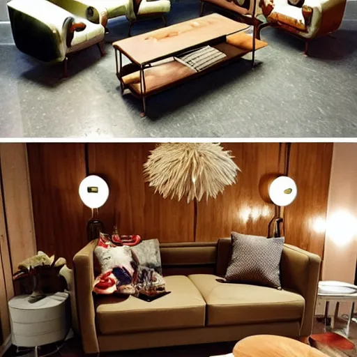 Image similar to spaghetti and meatballs shaped into a mid century modern living room set