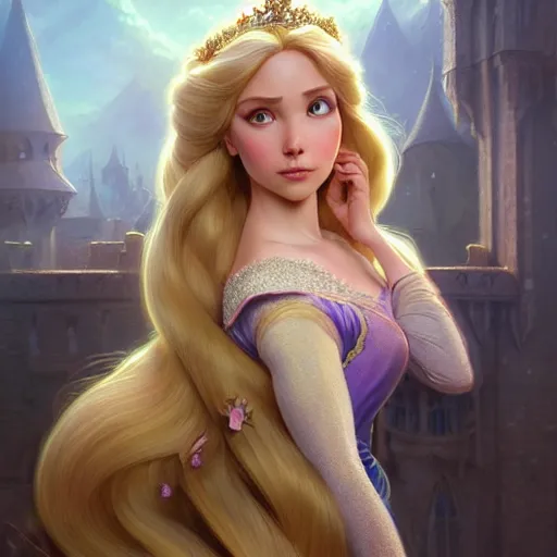 Image similar to princess rapunzel, D&D, fantasy, intricate, elegant, highly detailed, digital painting, artstation, concept art, matte, sharp focus, illustration, art by Artgerm and Greg Rutkowski and Alphonse Mucha