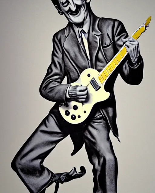 Image similar to barry chuckle ( shredding on a gibson les paul. guitar solo, bold, art by stanisław szukalski, 3 d 8 k )