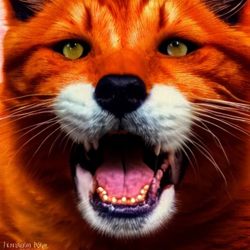 Image similar to an orange cat grinning widely at a white dog. photograph. digital art.