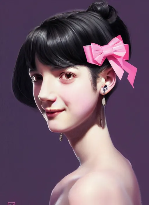 Image similar to portrait of high school girl, realistic, black hair, bangs, half updo hairstyle, pointy nose, skinny, smile, ugly, defined jawline, big chin, pink hair bow, earrings, intricate, elegant, glowing lights, highly detailed, digital painting, artstation, sharp focus, illustration, art by wlop, mars ravelo and greg rutkowski