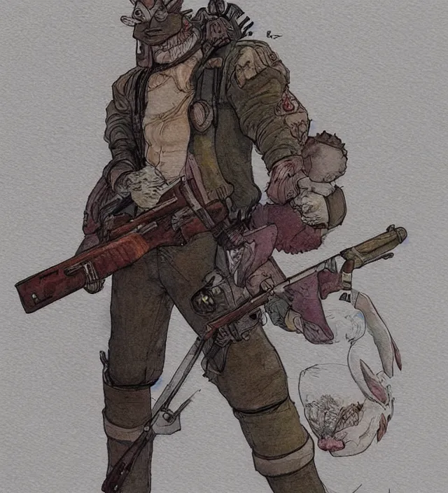 Image similar to a watercolor ink painting of an anthropomorphic bunny mercenary / gunslinger posing with their revolver in the style of jean giraud in the style of moebius trending on artstation deviantart pinterest detailed realistic hd 8 k high resolution