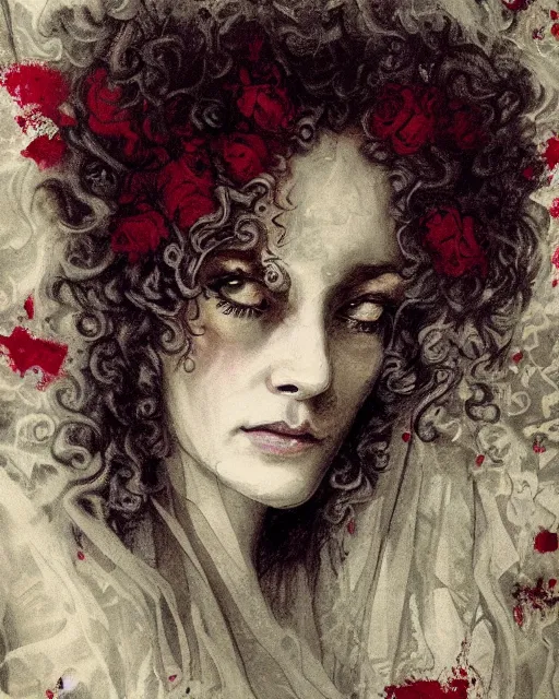 Prompt: a beautiful but sinister woman in layers of fear, with haunted eyes and curly hair, 1 9 7 0 s, seventies, floral wallpaper, delicate embellishments, a little blood, crimson, painterly, offset printing technique, by fragonard