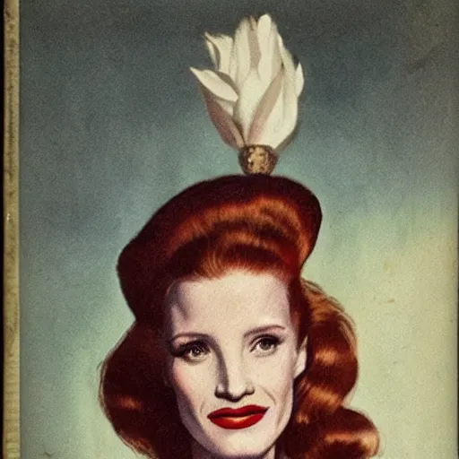 Image similar to “Jessica Chastain portrait, color vintage magazine illustration 1950”