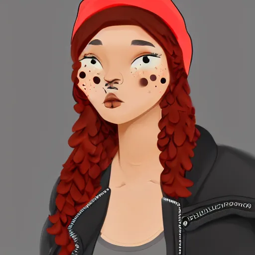 Prompt: character concept art of a mixed woman with freckles with a septum piercing, winged eyeliner, black beanie, black bomber jacket, in an urban environment, depth of field, trending on artstation