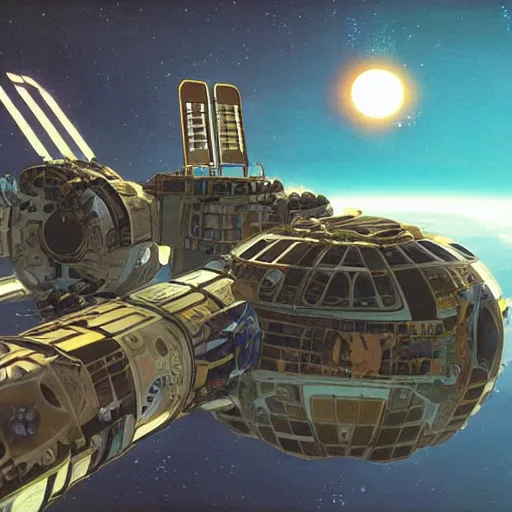 Prompt: abandoned beautiful space station, chris foss, terran trade authority