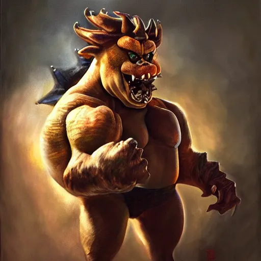 Prompt: An ultra realistic portrait painting of Bowser in the style of Frank Frazetta, 4k, Ultra realistic, Highly Detailed, Dark Fantasy, Epic Lighting