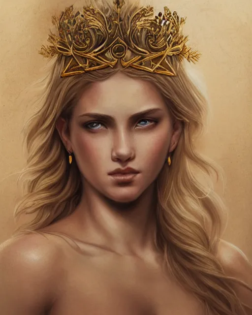 Image similar to front view of beautiful aphrodite greek goddess wearing a gold laurel wreath and triangle earrings, realism tattoo sketch, beautiful piercing eyes with sharp pupils, beautiful blonde hair, in the style of greg rutkowski, fantasy, amazing detail, epic, elegant, smooth, sharp focus