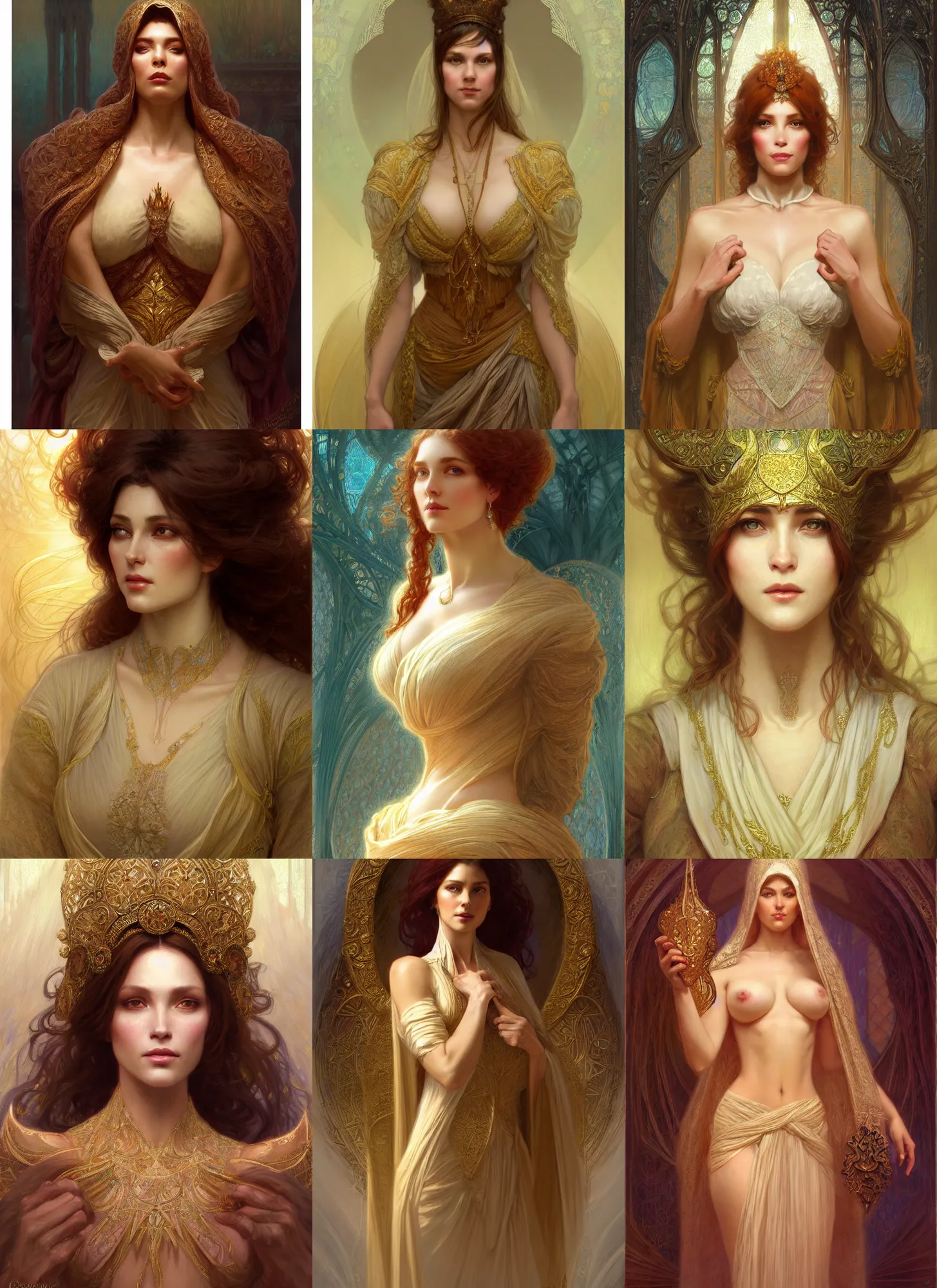 Image similar to character concept portrait of me as modest wife blessed by god to grow ever more intelligent beautiful voluminous muscular tall and virtuous. modestly clothed, intricate, elegant, highly detailed, digital painting, artstation, concept art, symmetry, smooth, sharp focus, illustration, art by gaston bussiere and alphone mucha