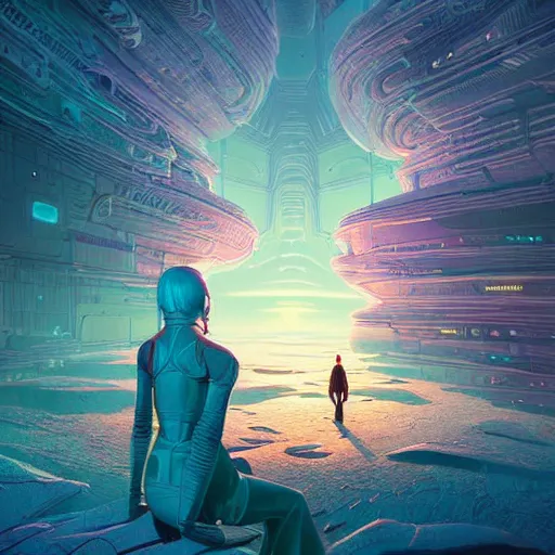 Image similar to a fantastic hyperdetailed 3 d matte painting of a female - cybernetic sorceress under the arctic moonlight, by moebius by beeple by vanessa lemen by paul lehr by dan mumford