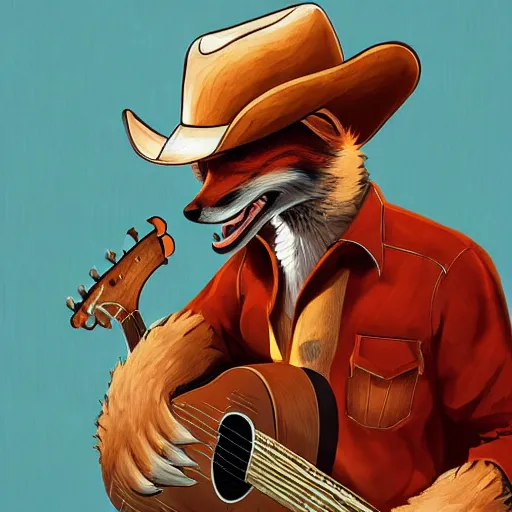 Prompt: a fox animal, wearing cowboy hat, wearing plaid shirt, playing guitar, in barn, album cover style, artstation