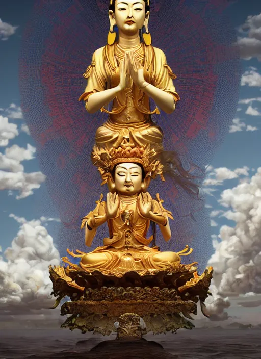 Image similar to guanyin stand on big loutus, a godness of the southern seas, a realistic setting with muted colors, visual novel cover, by yoshitaka amano, zeng fanzhi, jane hamilton, tiffany studios, sunrays shine uponit, frostbite 3 engine, cryengine, dof, trending on artstation, digital art, fantasy detailed background