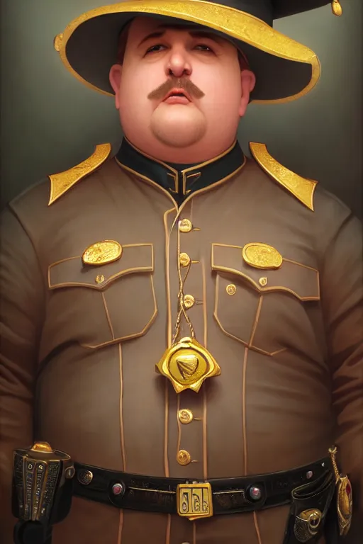 Prompt: a shifty fat high elf mall cop with a sheriff's badge, Oil Painting, hyperrealistic, octane render, Detailed Digital Art, RPG portrait, 3/4 bust, William-Adolphe Bouguereau, Michael Cheval, dynamic lighting, Highly Detailed, Cinematic Lighting, 8k, HD