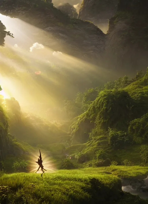 Image similar to the silhouette of a flying fairy in the distance of a lord of the rings scenery landscape, a vast lush valley flowers and wooden structures, stream, sunrise, god's rays highly detailed, vivid color, cinematic lighting, perfect composition, 8 k, gustave dore, derek zabrocki, greg rutkowski, belsinski, octane render