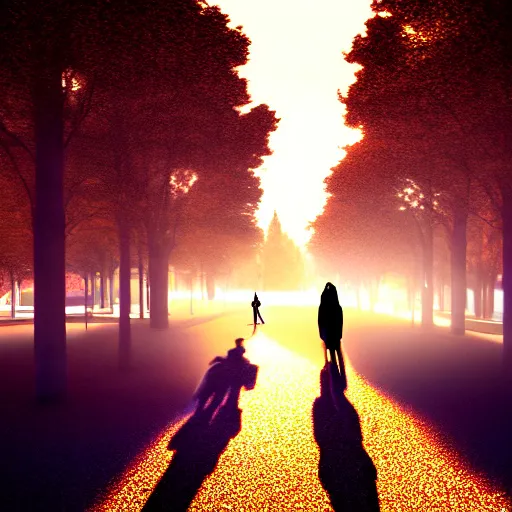 Image similar to shadow people walking in the park, made from the side, 2 d ultra realistic, lens flare, atmosphere, glow, detailed, intricate, full of colour, cinematic lighting, trending on artstation, 4 k, hyperrealistic, focused, extreme details, unreal engine 5, cinematic, masterpiece, ultra realistic, hyper realistic, highly detailed, sharp focus, digital art