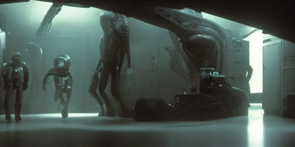 Prompt: Ridley Scott cinematic scene from Alien movie with Ripley running in a corridor, low light, dark, grainy, 35 mm, realistic, Panavision PSR R-200