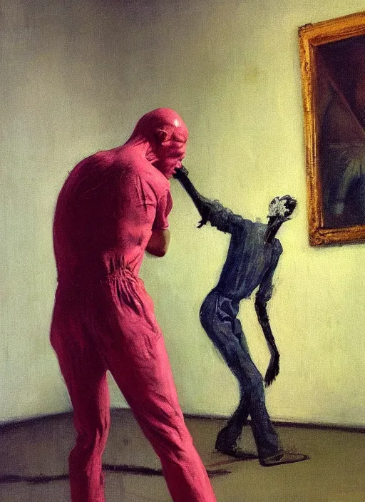 Prompt: an expressive skinny artist wearing overalls physically fighting with a ghost, inside a grand studio, depth of field, hauntingly surreal, highly detailed oil painting, by francis bacon, edward hopper, adrian ghenie, glenn brown, soft light 4 k, green and pink colour palette, cinematic composition, cinematic lighting, high quality octane render, masterpiece