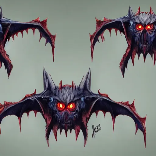 Image similar to front and back character view of scary, giant, mutant, mutated, dark blue humanoid bat, glowing red eyes, flying above a stormy ocean, sharp teeth, acid leaking from mouth, realistic, giant, bat ears, bat nose, bat claws, bat wings, furred, covered in soft fur, detailed, trending on artstation clean concept art and sheet that using unreal engine 5 render and hyper detailed 3D texture with cinematic software light 85mm f/1.4